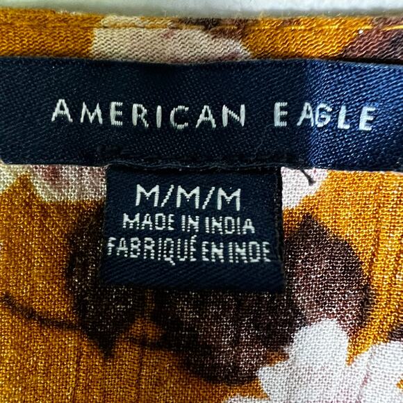 American Eagle Tie Front Crop Top Womens M Brown Floral Bell Sleeve Cottagecore - Picture 6 of 6